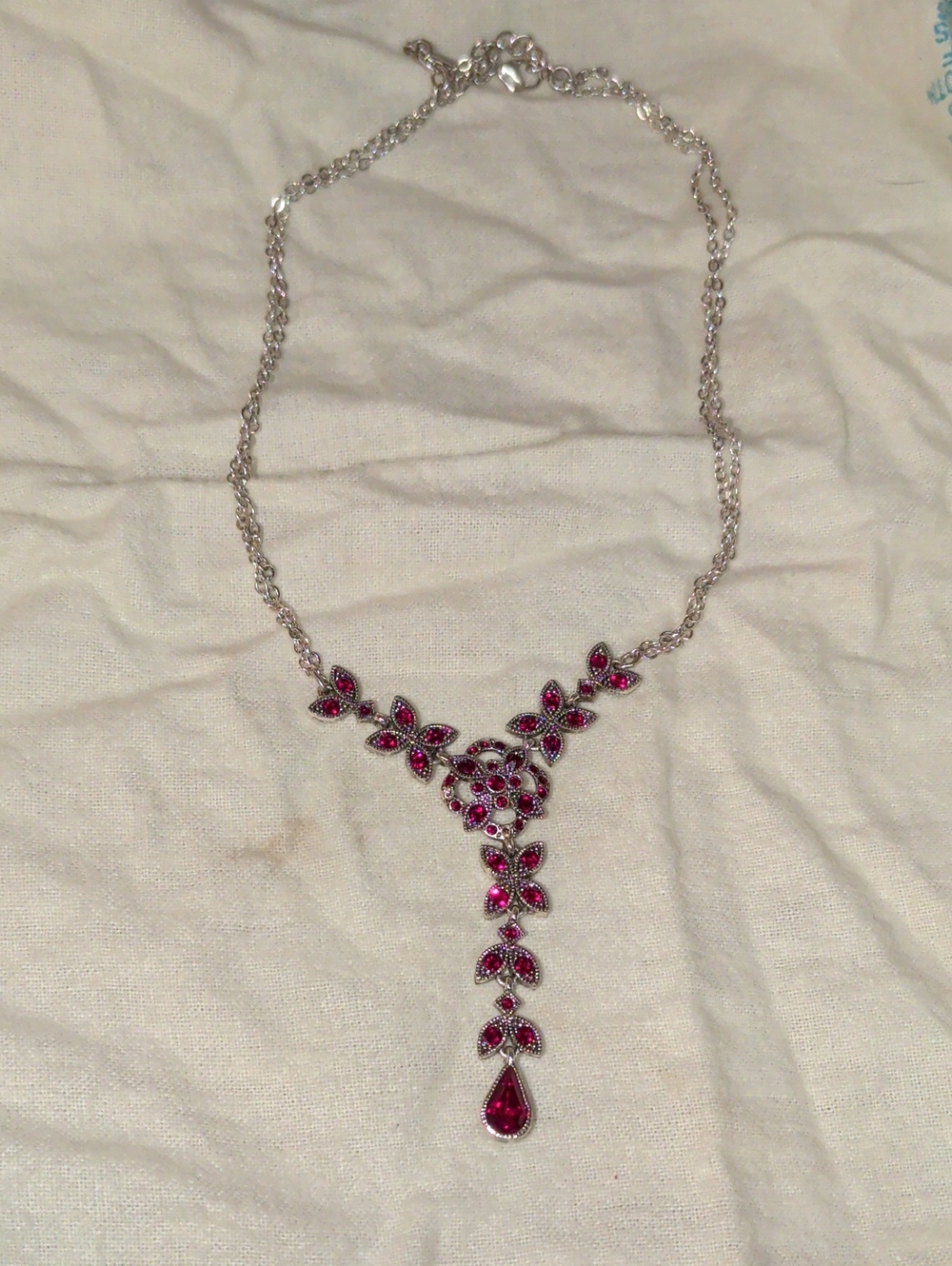 Vintage Napier Silver-Tone Necklace with Ruby Red Floral Drop